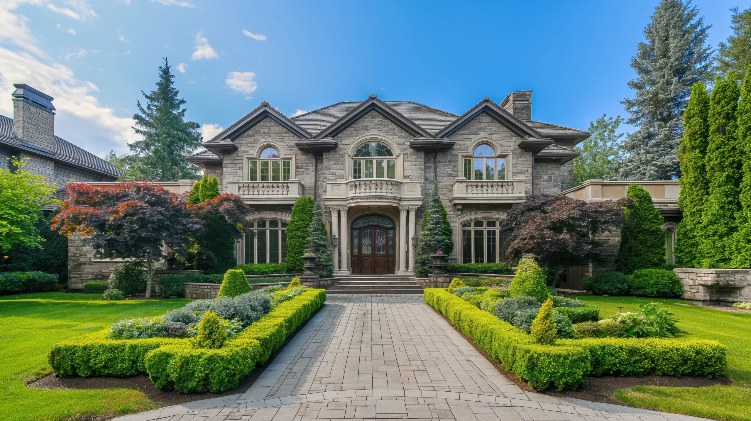 elegant-twostory-stone-mansion-with-manicured-garden-symmetrical-landscaping-set-against-clear-blue-sky